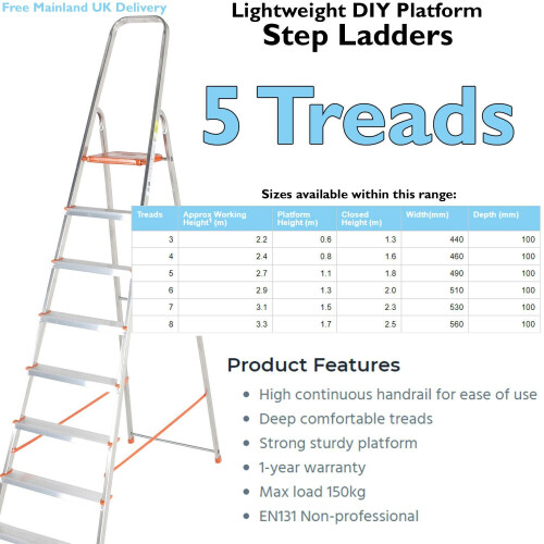 Loops 1.1m Lightweight Aluminium Platform Step Ladders 5 Tread Anti Slip DIY Steps 1