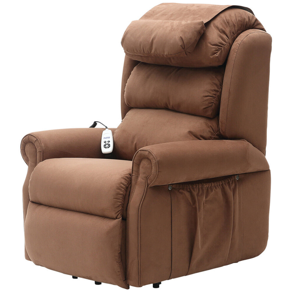 Dual Motor Rise and Recline Armchair - Waterfall Pillow - Brown Suedette Fabric-image-OPC-P8WKGJT-NEW