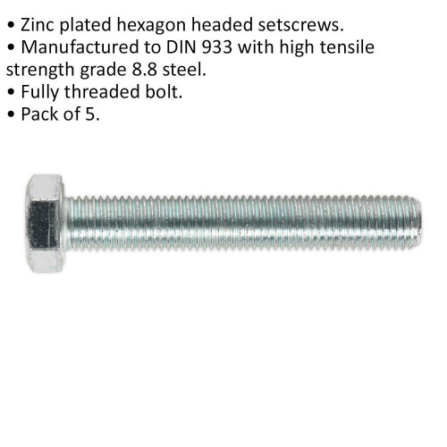 Loops 5 PACK HT Setscrew - M16 x 100mm - Grade 8.8 Zinc - Fully Threaded - DIN 933 1