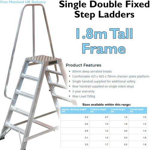 Loops 1m Heavy Duty Double Sided Fixed Step Ladders Safety Handrail & Wide Platform 1