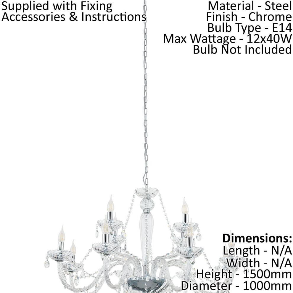 Chandelier Light Chrome Plated Steel & Clear Glass Droplets Bulb E14 12x40W