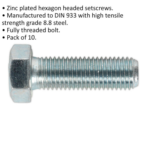 Loops 10 PACK HT Setscrew - M16 x 50mm - Grade 8.8 Zinc - Fully Threaded - DIN 933 1