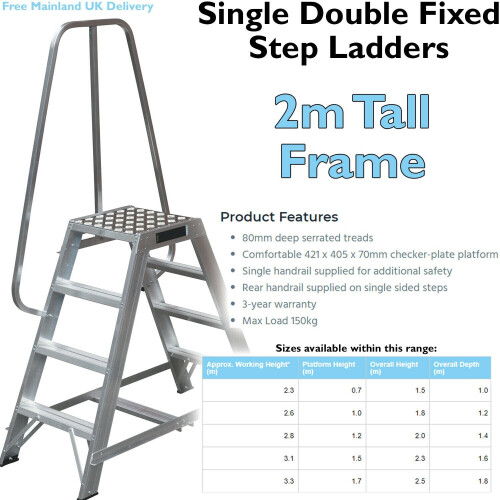 Loops 1.2m Heavy Duty Double Sided Fixed Step Ladders Safety Handrail & Wide Platform 1