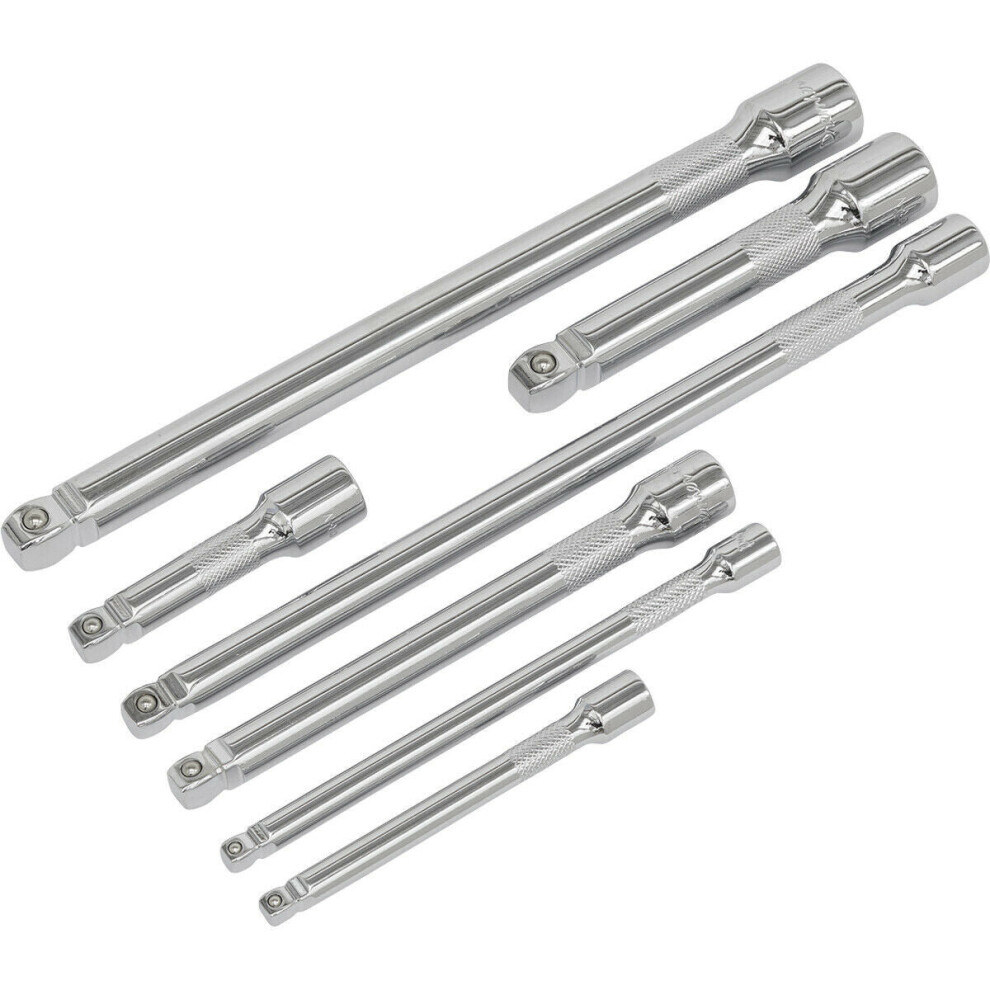 Loops 7 Piece Wobble / Rigid Extension Bar Set - 1/4" 3/8" & 1/2" Sq Drive - Chrome