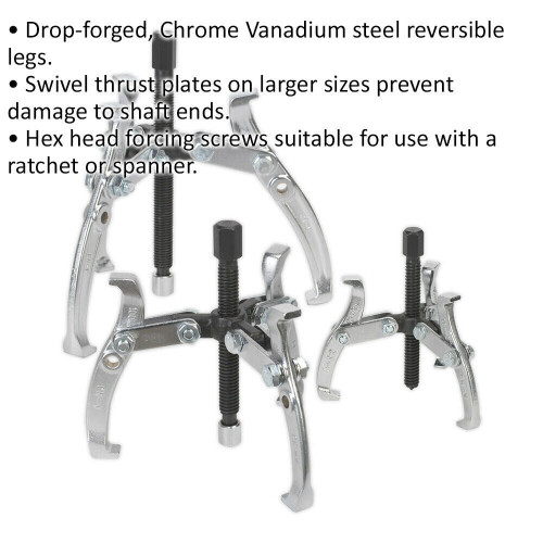 Loops 3 Piece Triple Legged Gear Puller - Reversible - Swivel Thrust Plates - Hex Head 1