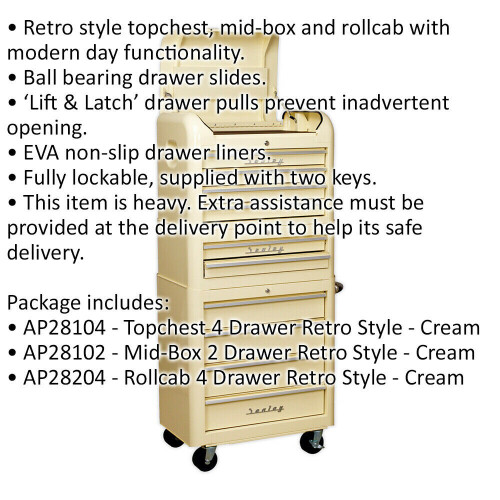 Loops Retro 10 Drawer Topchest Mid Box & Rollcab Bundle - Locking - BB Slides - Cream 1