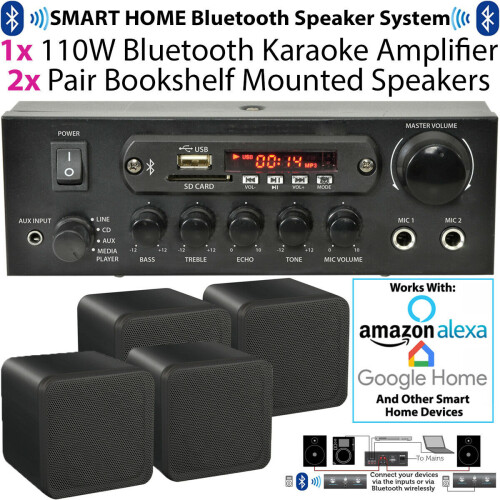 Loops 110W Bluetooth Amplifier & 4x 80W Black Speakers Background Wireless HiFi Kit 1