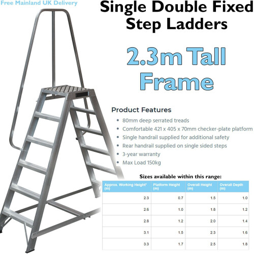 Loops 1.5m Heavy Duty Double Sided Fixed Step Ladders Safety Handrail & Wide Platform 1