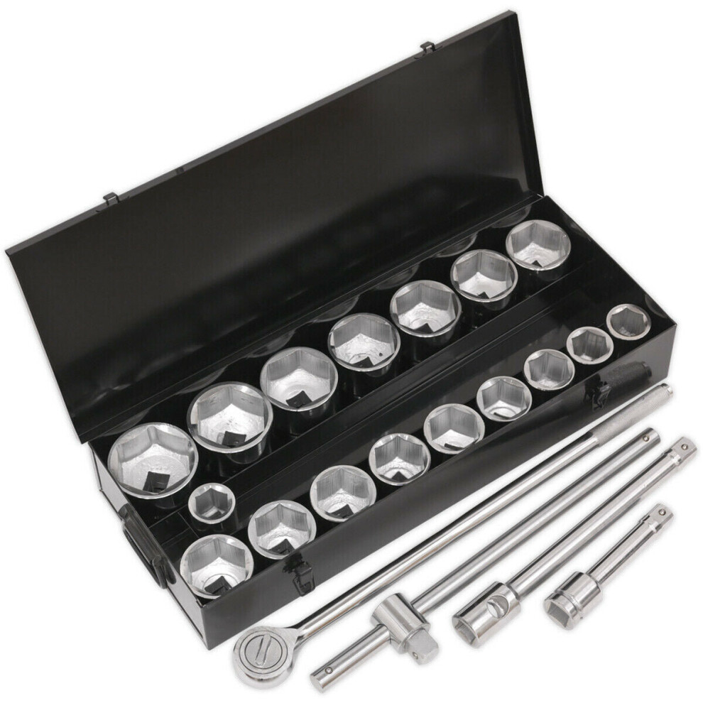 21Pc Premium Deep Socket & Ratchet Handle Set - 1" Square Drive 6 Point Metric