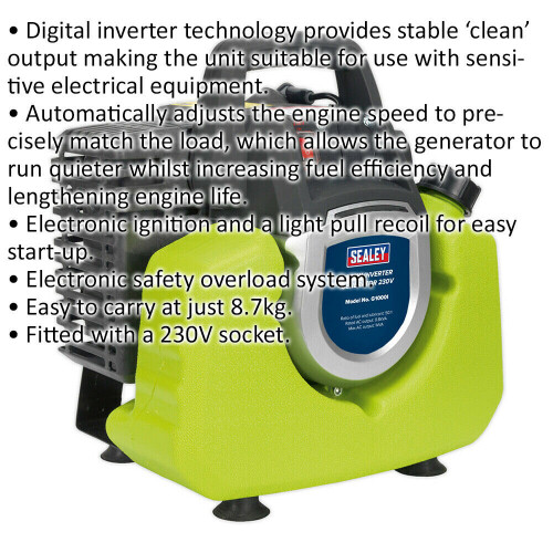 Loops 1000W Inverter Generator - 2-Stroke Engine - 3.5 Litre Fuel Tank - 230V Socket 1