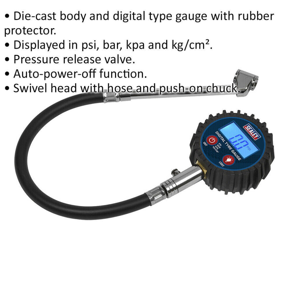 150psi DIGITAL Tyre Pressure Gauge with Twin Push-On Connector Hose -Swivel Head