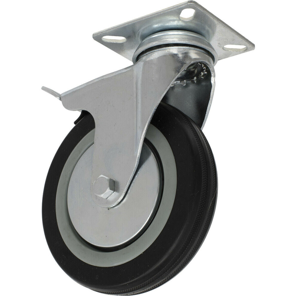 125mm Swivel Plate Castor Wheel with Brake - 27mm Rubber Tread - Steel Centre