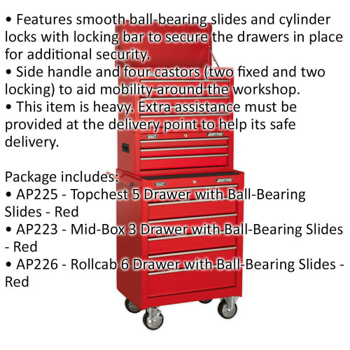 Loops 680 x 460 x 1635mm 14 Drawer Combination Tool Chest - RED Mobile Storage Box 1