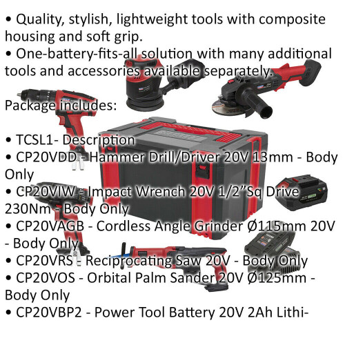Loops 9 Piece 20V Cordless Power Tool Bundle - 2 x Batteries & Charger - Toolbox 1