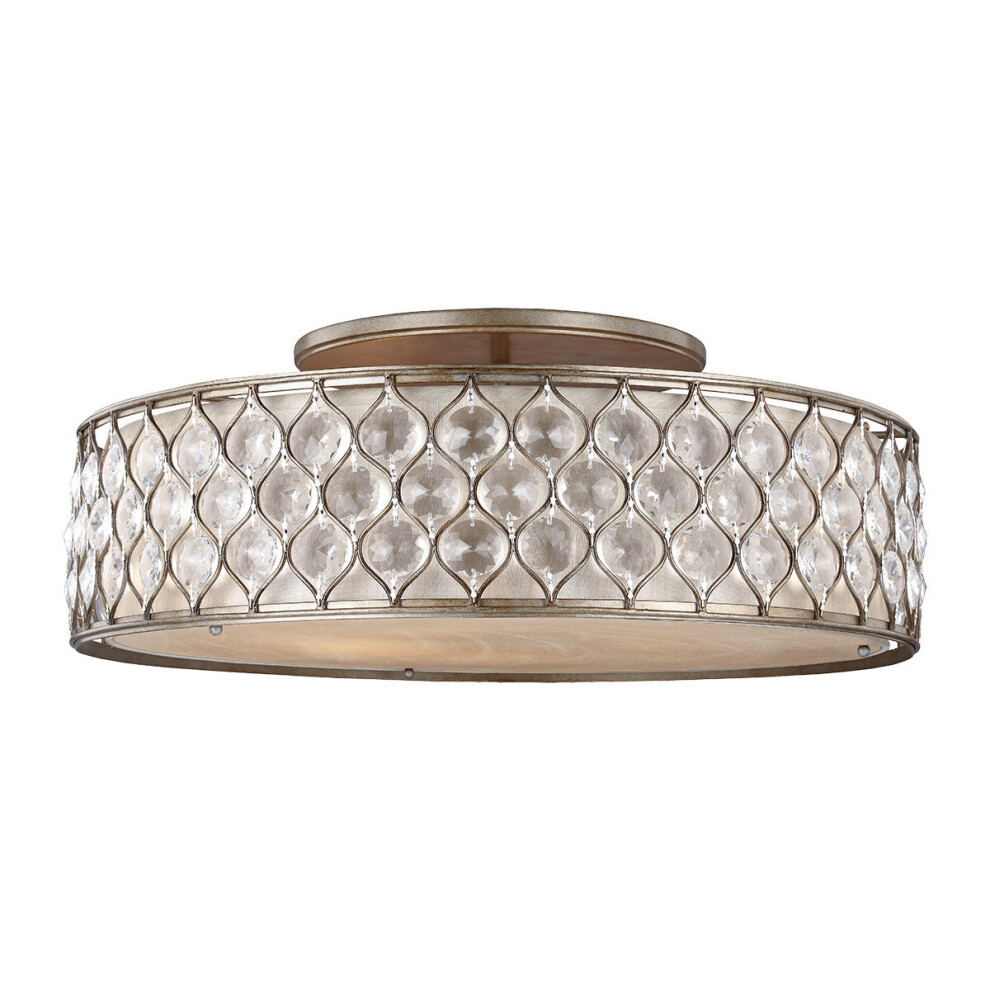 6 Bulb Flush Light Low Ceiling Linen Fabric Shade Burnished Silver LED E27 60W