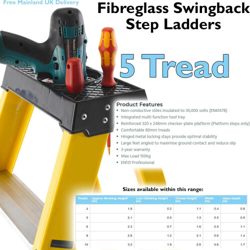 Loops 0.9m FIBREGLASS Swingback Step Ladders 5 Tread Professional Lightweight Steps 1