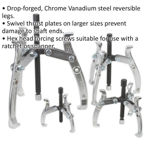 Loops 4 Piece Triple Legged Gear Puller - Reversible - Swivel Thrust Plates - Hex Head 1