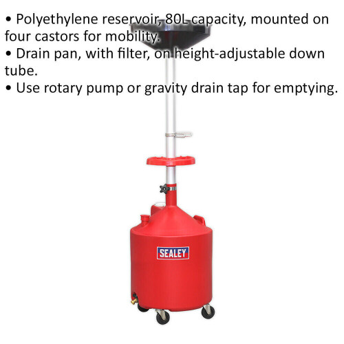 Loops 80L Mobile Oil Drainer - Gravity Discharge - Height Adjustable - Castor Wheels 1