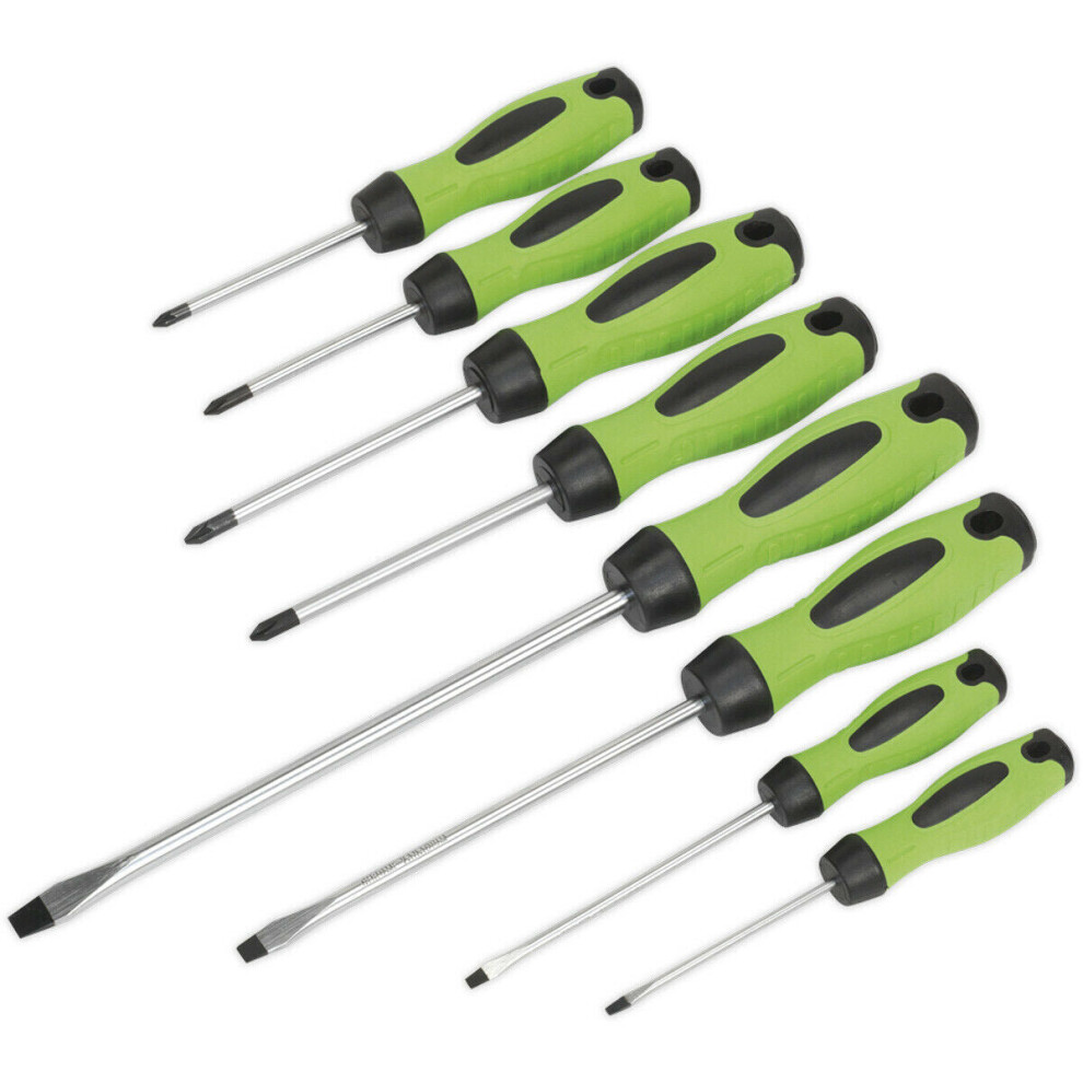 8 Pack - Hi-Vis Green Screwdriver Set - Slotted Phillips Pozi Premium Drivers 5056524280911