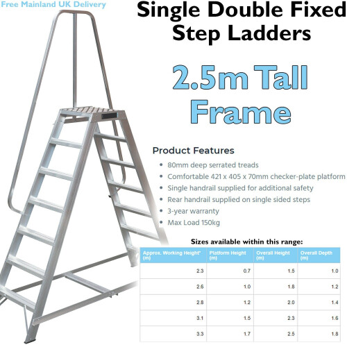 Loops 1.7m Heavy Duty Double Sided Fixed Step Ladders Safety Handrail & Wide Platform 1