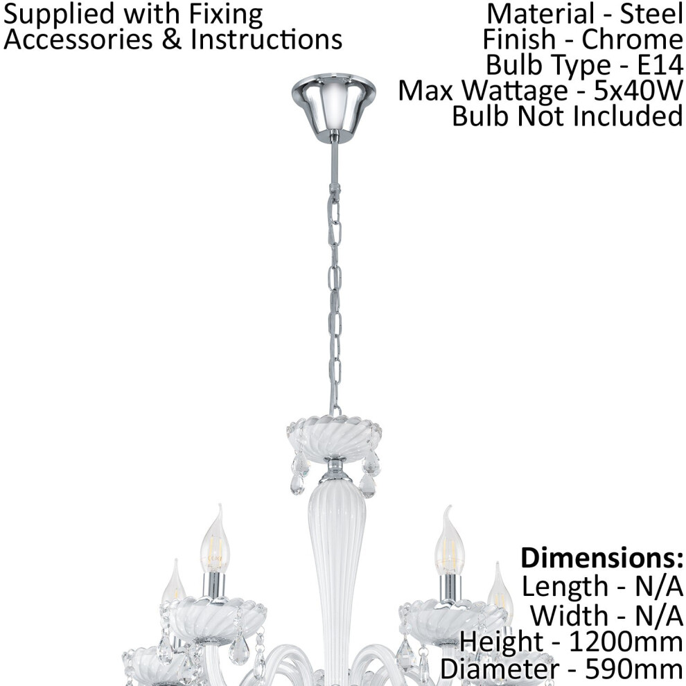 Loops Chandelier Pendant Light Colour Chrome Shade White Glass Droplets Bulb E14 5X40w