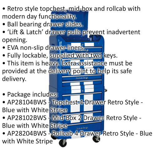 Loops Retro 10 Drawer Topchest Mid Box & Rollcab Bundle - Locking - BB Slides - Blue 1