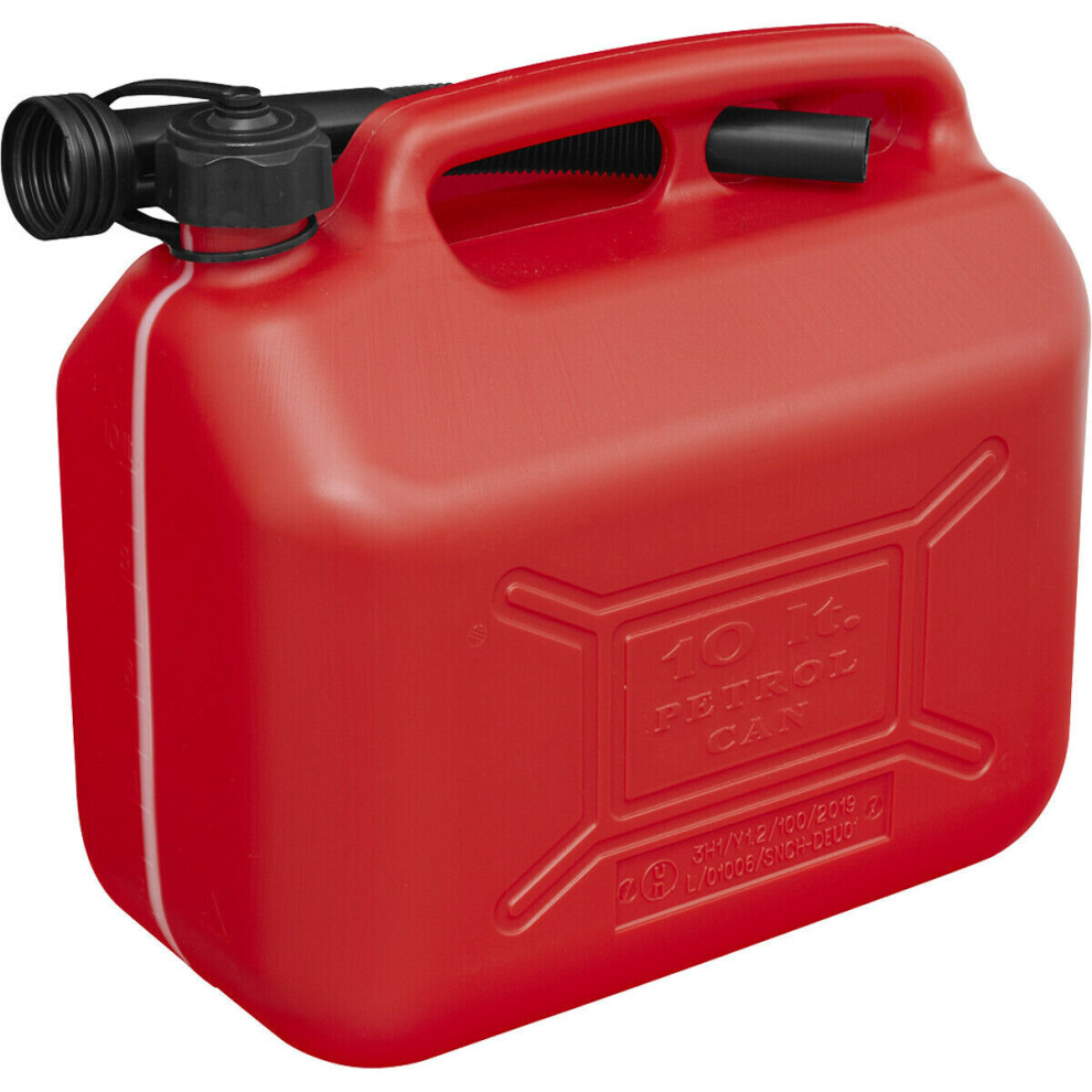 10 Litre Plastic Fuel Can -  Safety Screw Lock Cap - Flexible Spout - Red