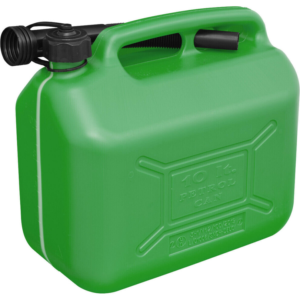 10 Litre Plastic Fuel Can -  Safety Screw Lock Cap - Flexible Spout - Green