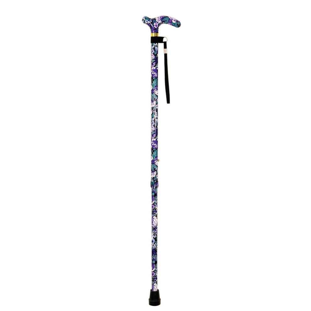 Loops Deluxe Ambidextrous Walking Cane - 10 Height Settings - Floral Pattern Purple