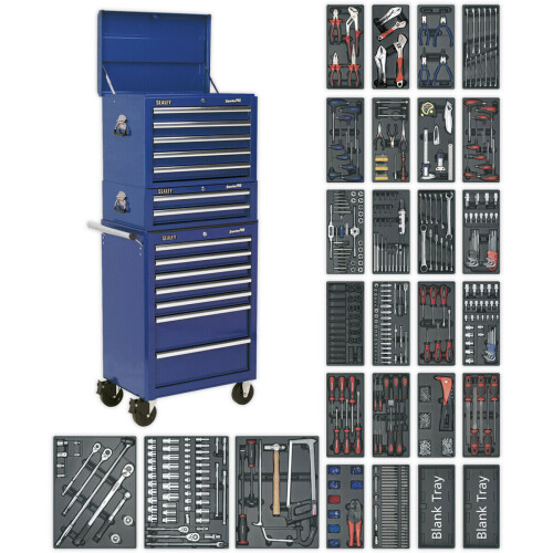 Loops 14 Drawer Topchest Mid Box & Rollcab Bundle - 1179 Piece Tool Kit - Blue