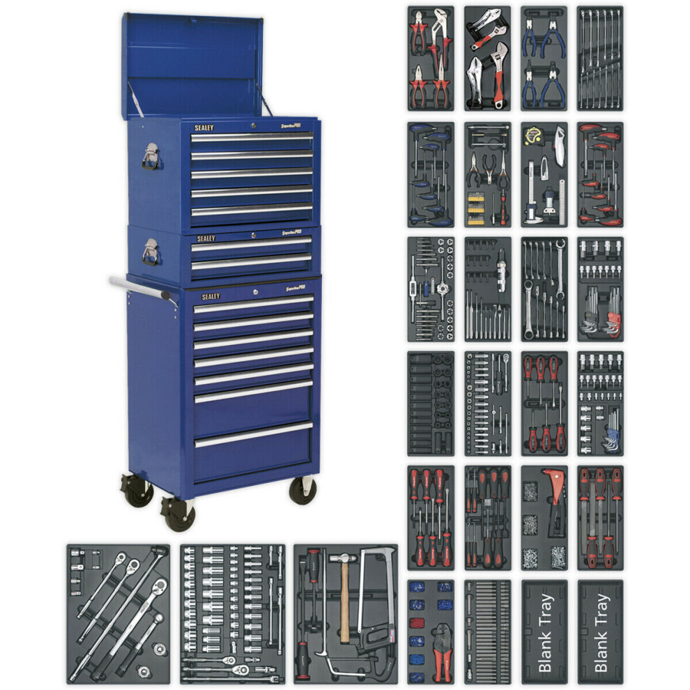 Loops 14 Drawer Topchest Mid Box & Rollcab Bundle - 1179 Piece Tool Kit - Blue