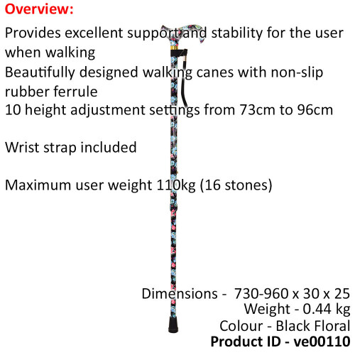 Loops Deluxe Ambidextrous Walking Cane - 10 Height Settings - Black Floral Pattern 1