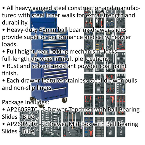 Loops 14 Drawer Topchest Mid Box & Rollcab Bundle - 1179 Piece Tool Kit - Blue 1