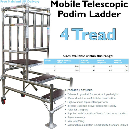 Loops 4 Tread Mobile Telescopic Podium Step Ladder 1.2m Tall Work Platform Safety Cage 1