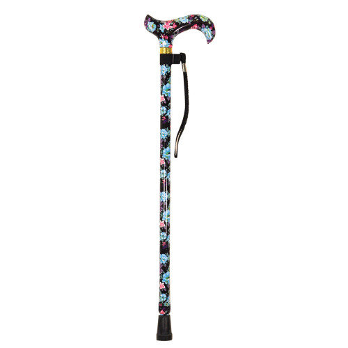 Loops Deluxe Ambidextrous Walking Cane - 10 Height Settings - Black Floral Pattern 2