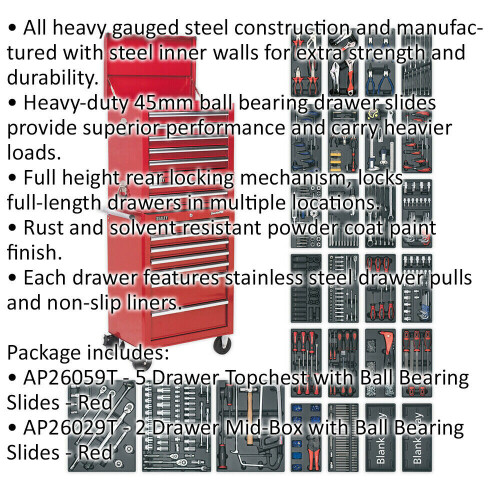 Loops 14 Drawer Topchest Mid Box & Rollcab Bundle - 1179 Piece Tool Kit - Red 1