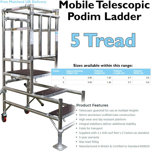 Loops 5 Tread Mobile Telescopic Podium Step Ladder 1.4m Tall Work Platform Safety Cage 1