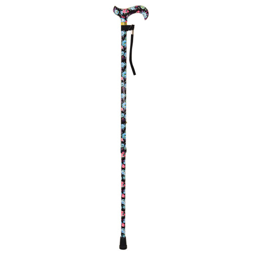 Loops Deluxe Ambidextrous Walking Cane - 10 Height Settings - Black Floral Pattern