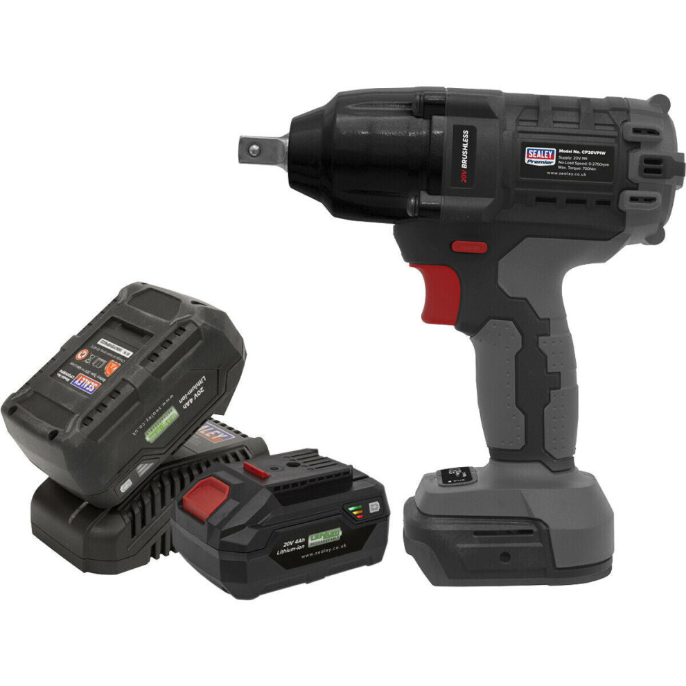 300Nm Cordless Brushless Impact Wrench & 2x Li-Ion Batteries - 1/2" Square Drive