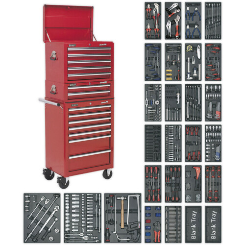 Loops 14 Drawer Topchest Mid Box & Rollcab Bundle - 1179 Piece Tool Kit - Red