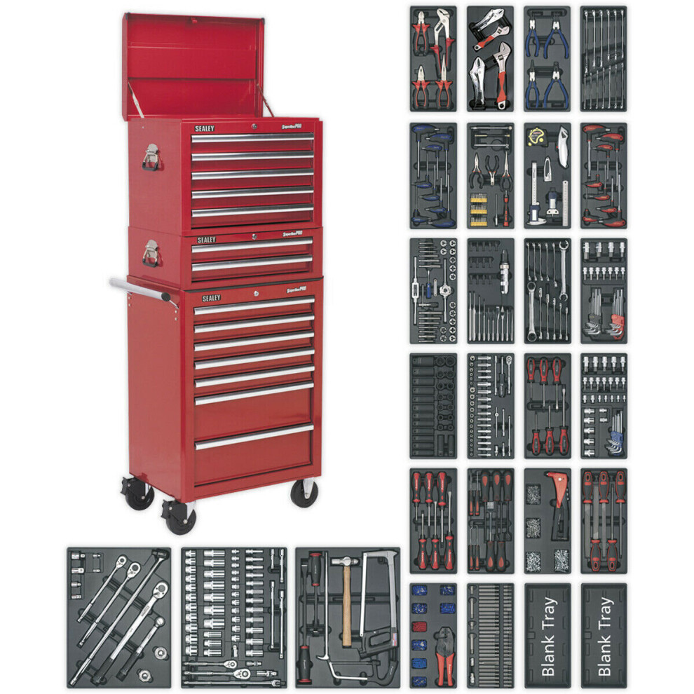 Loops 14 Drawer Topchest Mid Box & Rollcab Bundle - 1179 Piece Tool Kit - Red