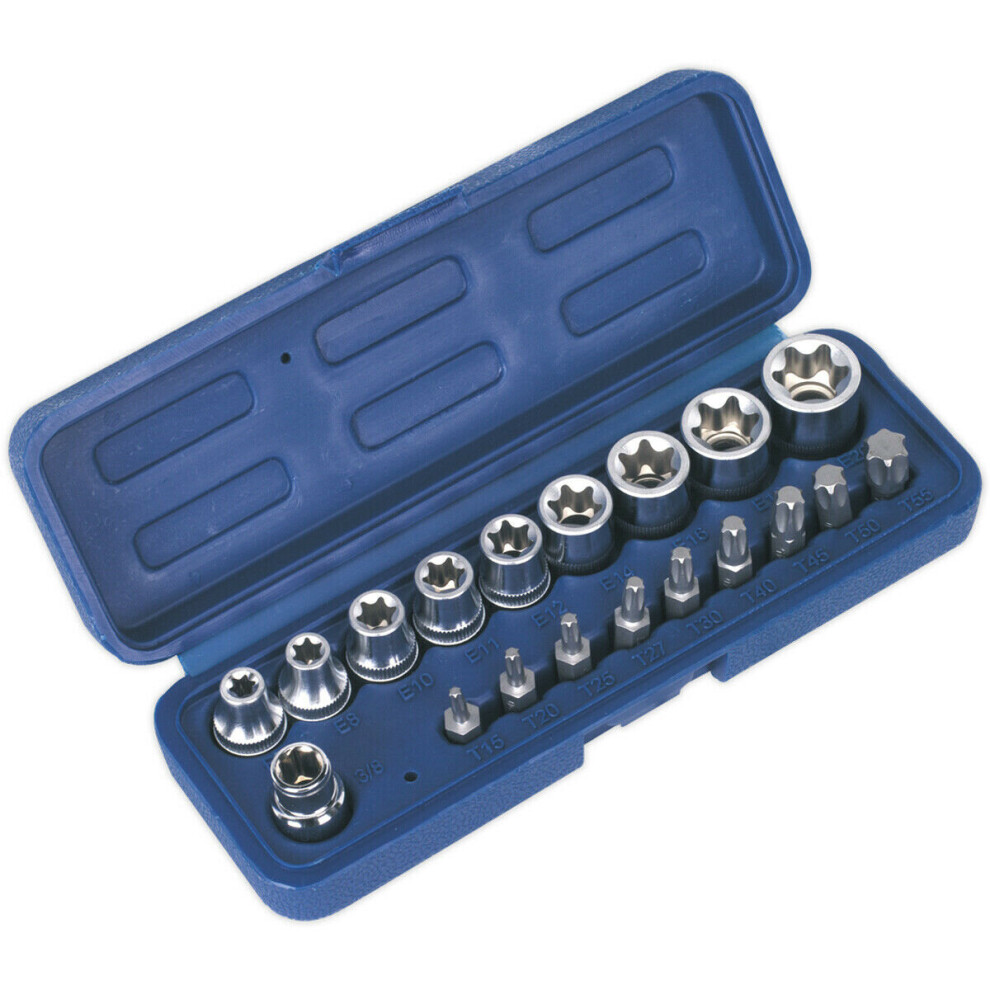 Loops 19Pc Trx Star Socket & Hex Bit Set - 3/8" Square Drive - Male & Female Torx