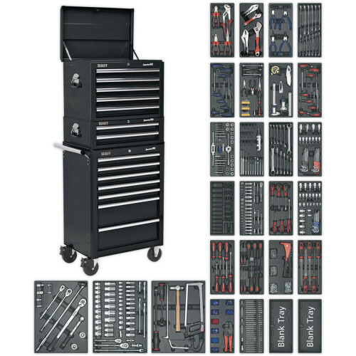 Loops 14 Drawer Topchest Mid Box & Rollcab Bundle - 1179 Piece Tool Kit - Black