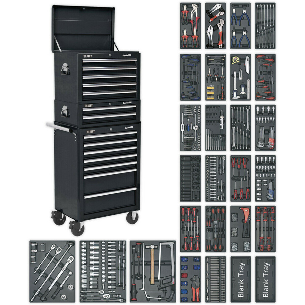 14 Drawer Topchest Mid Box & Rollcab Bundle - 1179 Piece Tool Kit - Black