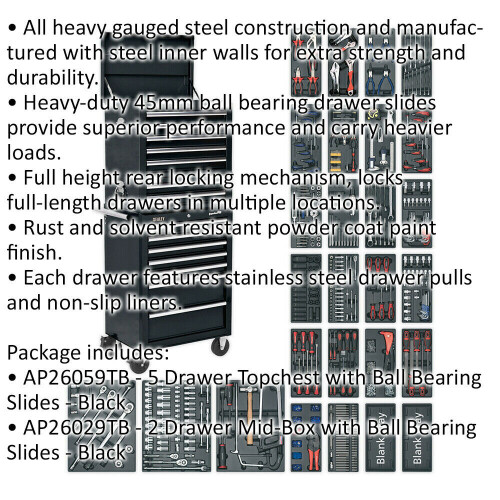 Loops 14 Drawer Topchest Mid Box & Rollcab Bundle - 1179 Piece Tool Kit - Black 1