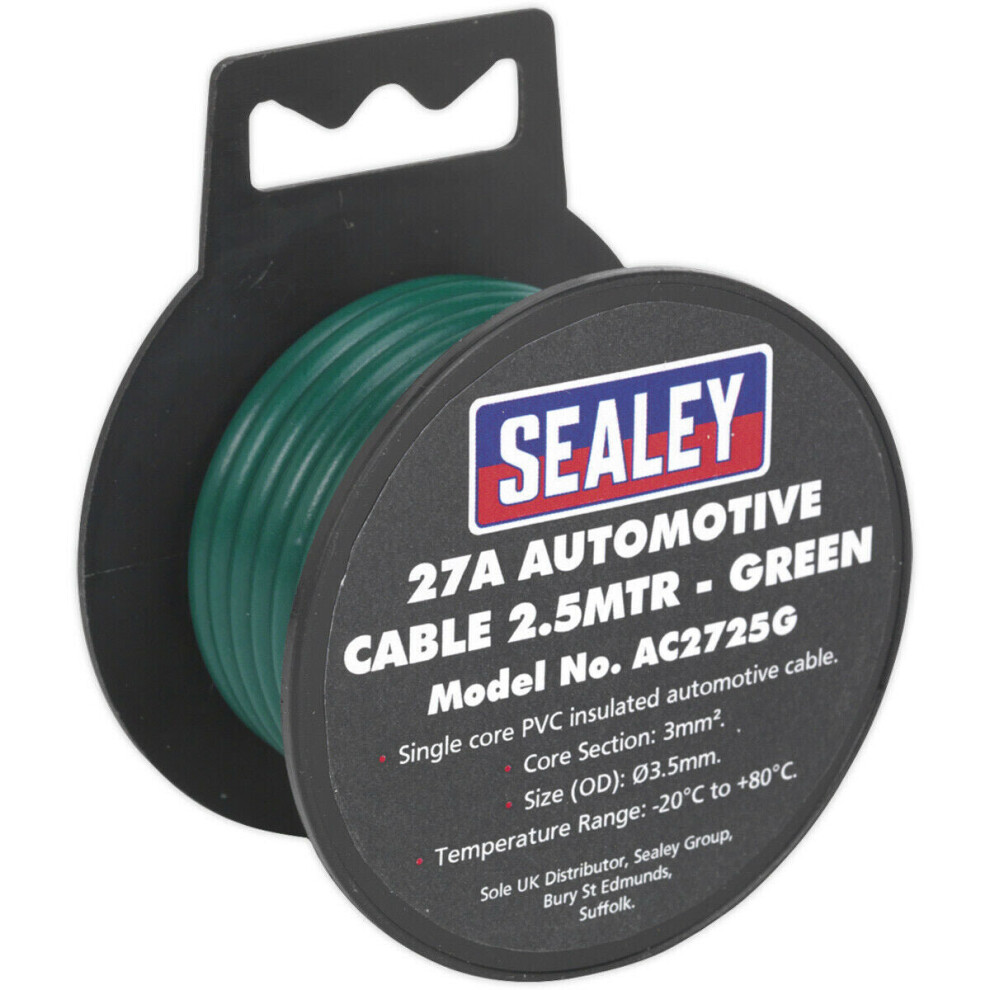 Green 27A Thick Wall Automotive Cable - 2.5m Reel - Single Core - PVC Insulated