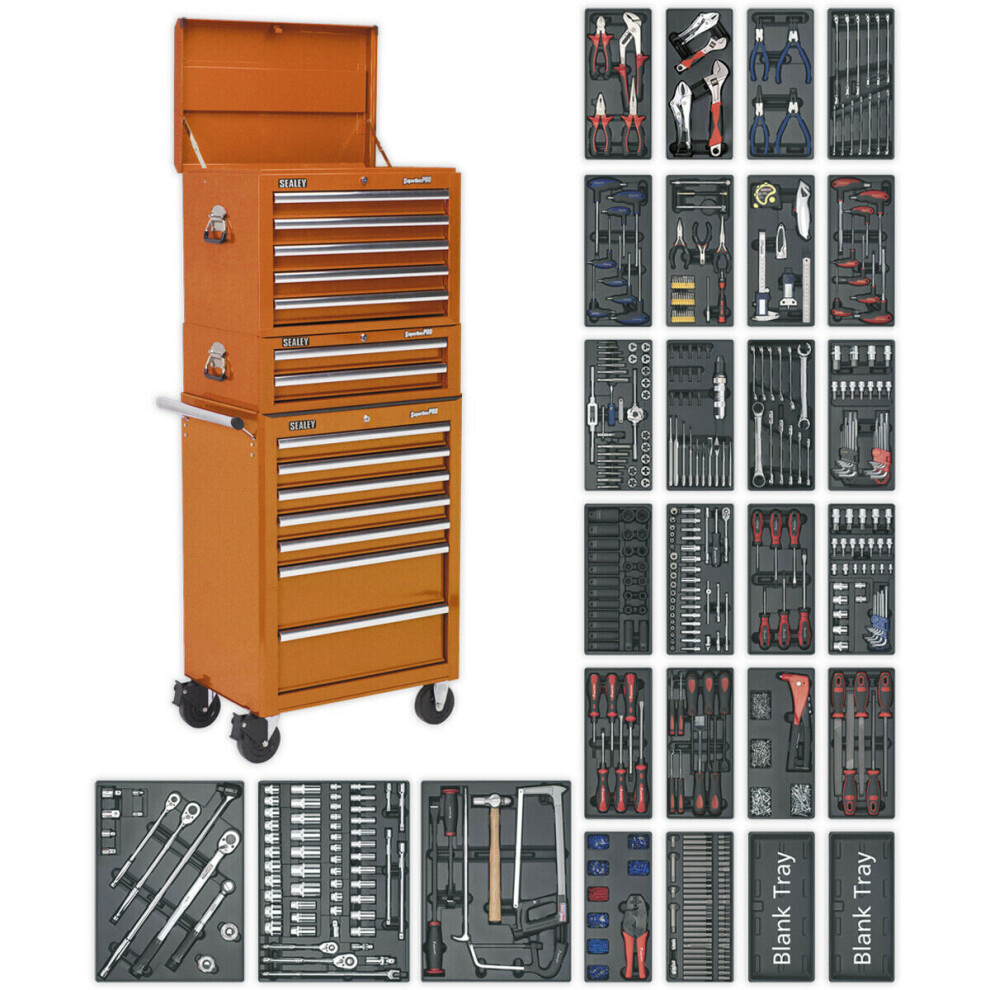 Loops 14 Drawer Topchest Mid Box & Rollcab Bundle - 1179 Piece Tool Kit - Orange