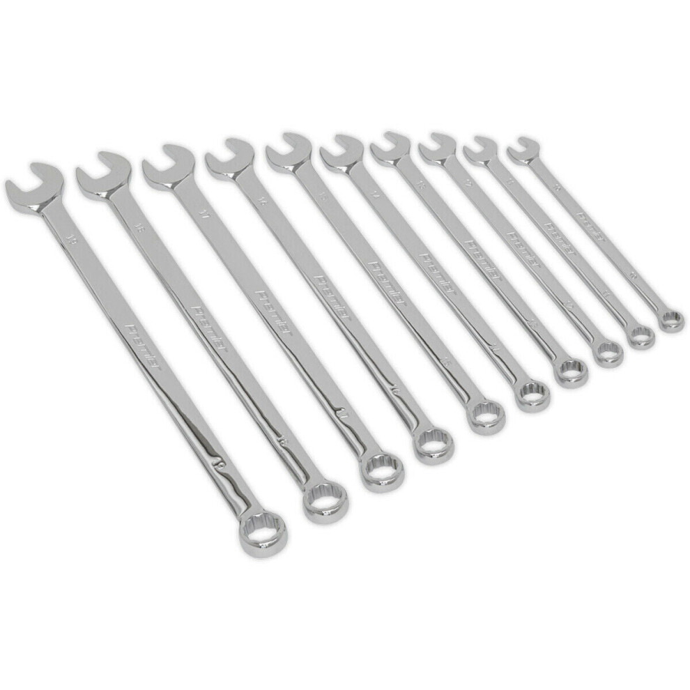 10Pc Extra Long Combination Hand Spanner Set - 10 To 19Mm Metric 12 Point Socket 5056524248492