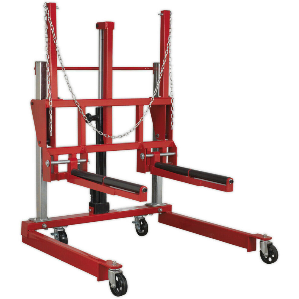 500kg Wheel Removal Trolley - Adjustable Width  & Rollers - Hydraulic Foot Pedal