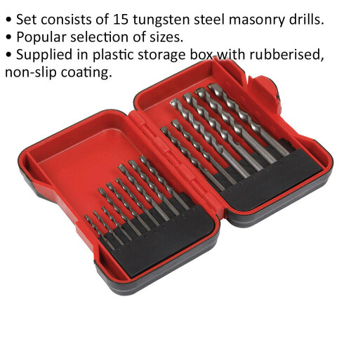 Loops 15 Piece Masonry Drill Bit Set  - Tungsten Steel Drills - Assorted Sizes 1